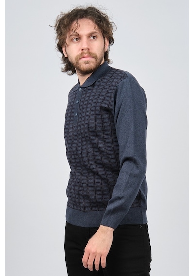 Ateş Triko Erkek Polo Yaka Desenli Yün Kazak 6092101 Indigo Indigo İndigo
