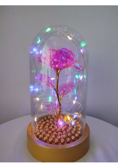 Pembe Gül Sarı Tabanlı Işıklı Fanus