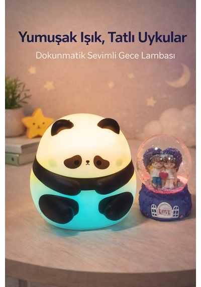 2 Li Sevgiliye Romantik Hediye Seti Slikon Panda Renkli Led Gece Lambası Ve 9 Cm Mor Kar Küresi Set Set