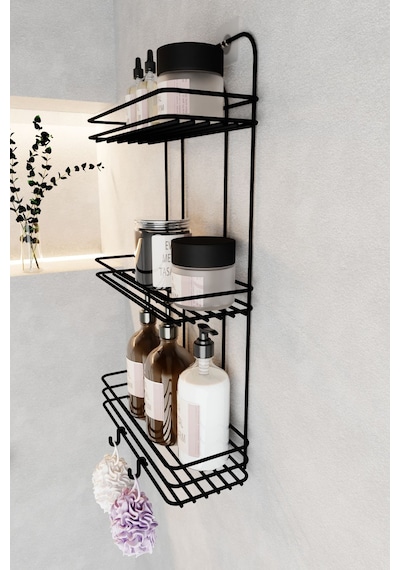 Eva Metal Tasarım Paslanmaz Yapışkanlı Düz Banyo Düzenleyici Şampuanlık Duş Rafı Siyah