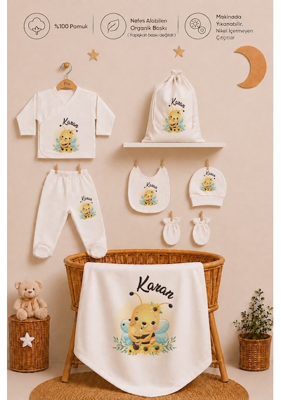 Pia Baby Erkek Bebek Hastane Çıkışı 8 Parça İsme Özel Hediye Keseli Zıbın Seti %100 Pamuk Organik Baskı 2064zybkyx Ekru