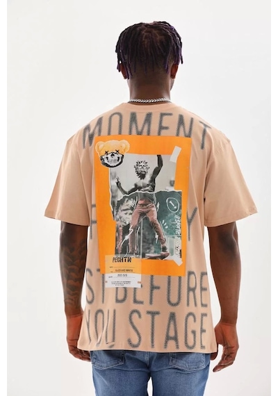 Unisex Baskılı Oversize T-shirt - Bej Bej