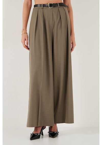 Lela Pileli Wide Leg Yüksek Bel Geniş Paça Kemerli Palazzo Bayan Pantolon 68351070 Karamel