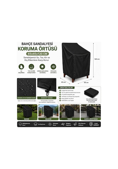 Bahçe Sandalyesi Koruma Örtüsü 65x65x120 Cm Metalize Su Geçirmez Dış Mekan Sandalye Kılıfı Siyah