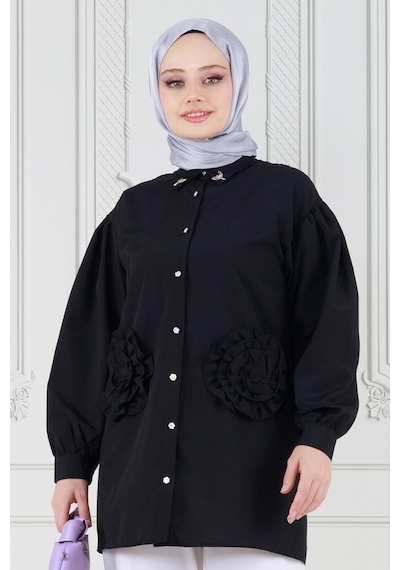 Sevitli Önü Gül Detaylı Tunik-siyah-3629-siyah Siyah