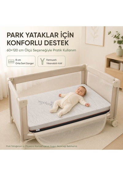 Baby Nature 8 Cm Sünger Bebek Ve Çocuk Yatağı Beşik, Park Yatak, Montessori Ve Çocuk Karyolası Fermuarlı Yıkanabilir Kılıf Kapok Kumaş 24 Dns Orta Sert Sünger Koruyucu Süprem 70 x 110 CM