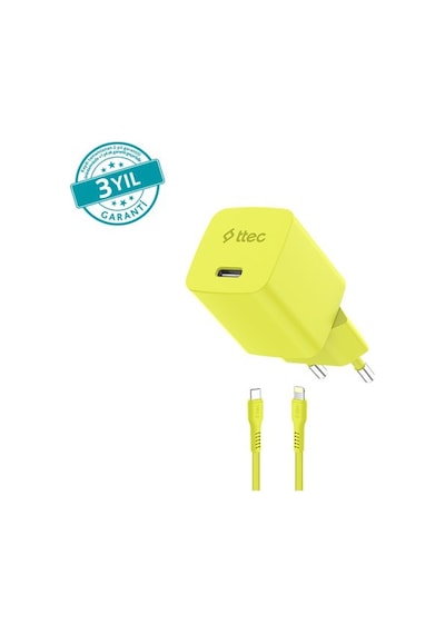 Ttec Smartcharger Gan 20w Pd Seyahat Hızlı Şarj Aleti + Usb-c - Lightning 120cm Kablo Neon Sarı