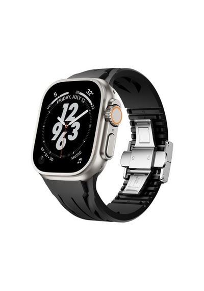 Apple Watch Uyumlu Ultra 49mm Krd-127 Metal Tokalı Silikon Kordon - Siyah