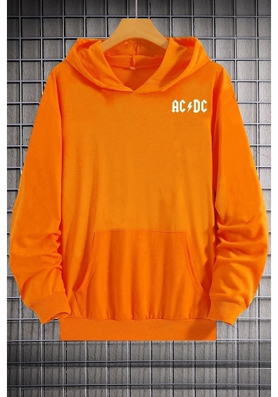 Uyguntarz Unisex Ac Dc Baskılı Kapüşonlu Sweatshirt Turuncu