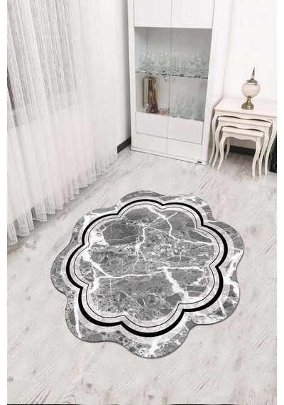 Gri Çerçeveli Kaymaz Tabanlı Lazer Kesim Halı Rv308n11