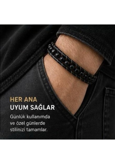 Oniks Taşlı Erkek Deri Bileklik Çelik Halat Örgü, Premium Siyah Bileklik