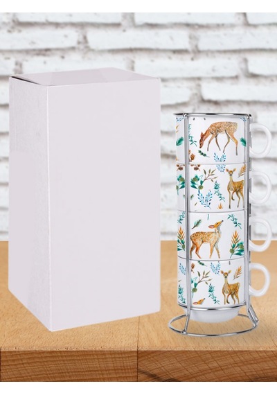 Deepcraft Stantlı 4'lü Fincan Seti Çıkmaz Baskılı Ceylan Desenli 4 Adet Fincan Seti 190 Ml Beyaz
