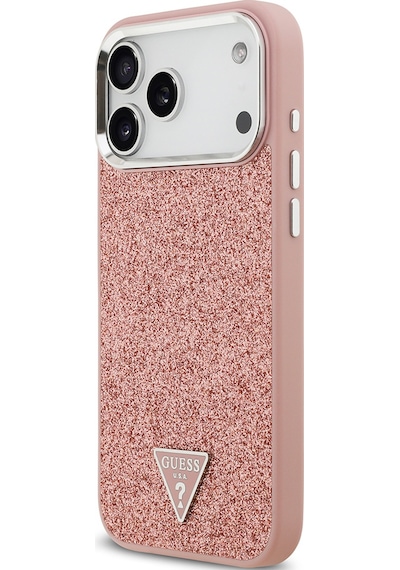 Apple Uyumlu iPhone 17 Pro Max Kılıf Guess Lisanslı M-safeli Metal Kamera Çerçeveli Üçgen Logolu Glitter Pembe Pembe