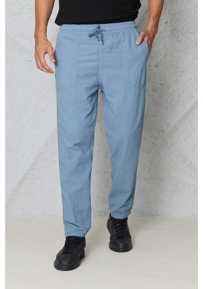 Blayn Jeans Erkek Haki Jogger Pantolon Beli Lastikli Bağcıklı %100 Pamuk Keten Baggy Rahat Günlük Pantolon Buz Mavi