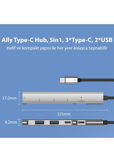 Ally Hb01 5ın1 Type C Dönüştürücü Adaptör Hub Çoklayıcı Siyah
