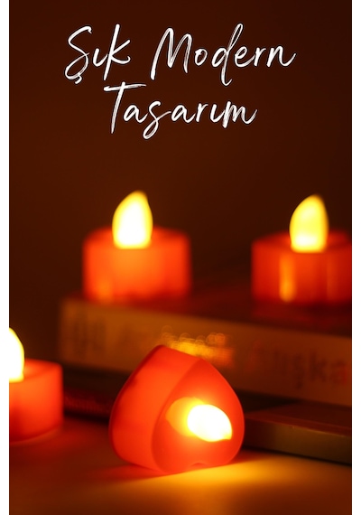 4 Adet Kalp Kırmızı Mini Led Mum Seti Pilli Dumansız Alevli Ledli Dekoratif Yapay Mum Dekor Işığı