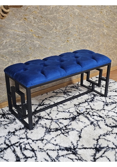 Zafir Siyah Boyalı İçi Kareli Diktörtgen 100 Cm X 40 Cm Oturak Puf - Bench - Makyaj Oturağı - Oturak Mavi