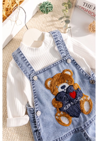Baby Mod Ayıcık Figürlü Denim 2'li Erkek Bebek Kot Salopet Tulum mavi