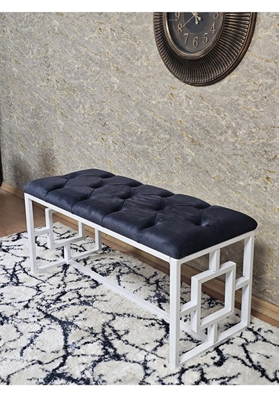 Beyaz Boyalı İçi Kareli Diktörtgen 100 Cm X 40 Cm Oturak Puf - Be Çok Renkli