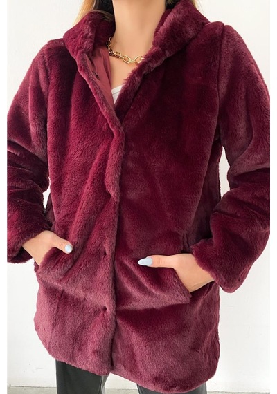 Femelle Kadın Bordo Astarlı Peluş Kapüşonlu Kürk Kaban Mont Kürk