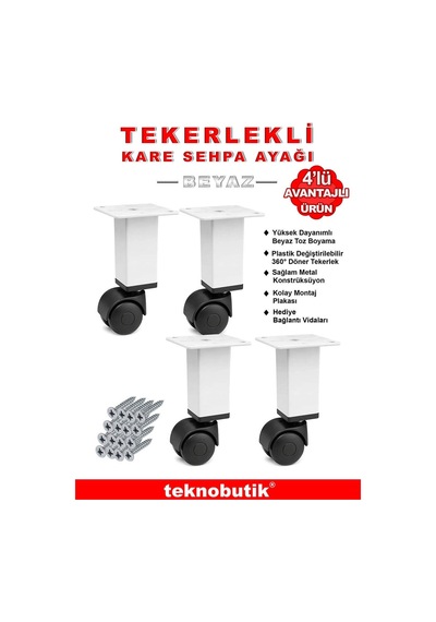 4 Adet Beyaz Kare Plastik Tekerlekli Mobilya Sehpa Ayağı