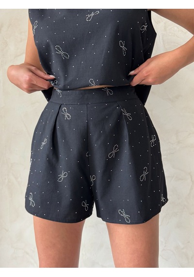 Verymoda Fiyonk Taş Baskılı Şort D2905 Siyah