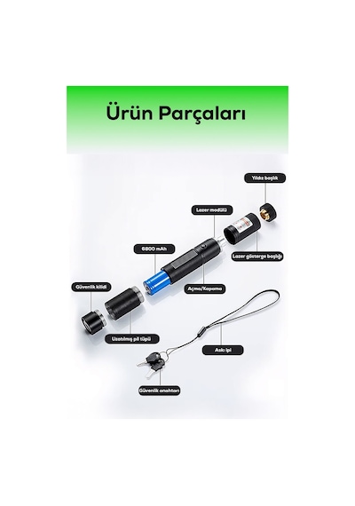 Turbo X Yeşil Şarjlı Lazer Pil Anahtar - Uzun Menzilli, Güçlü Ve Çoklu Işık Efektli Er Siyah