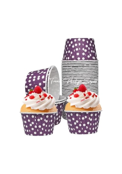 Trend Hediye Sepeti 50'li Mor Puantiyeli Muffin Kek Kalıbı, Kek Kapsülü Cupcake Kalıbı, Airfryer Uyumlu .