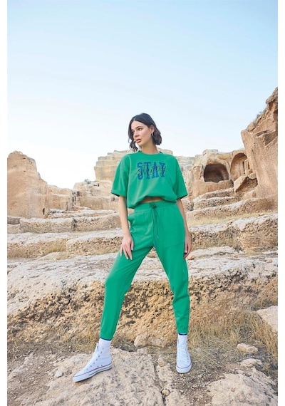 Monamise Kadın Kısa Kollu "stay Strong" Crop Eşofman Takımı 23086 Yeşil