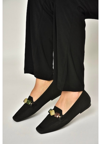 Fox Shoes Y820400304 Siyah Triko Kumaş Boncuk Detaylı Kadın Babet
