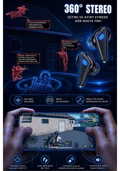 K55 Oyuncu Kulaklığı Bluetooth 5.4 Tws Kablosuz Kulaklık 65ms Düşük Gecikme Oyuncu Kulaklığı Hifi Stereo Ses Rgb Şarj Siyah - 936845714