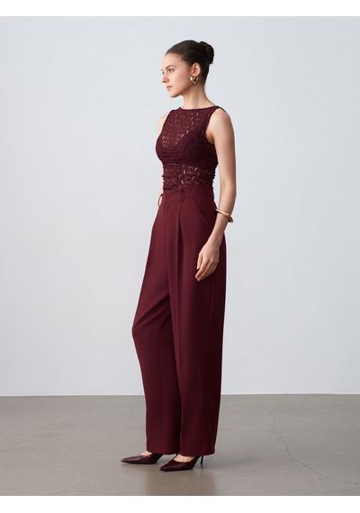 Dilvin 21202 Dantel Detaylı Kolsuz Top-bordo