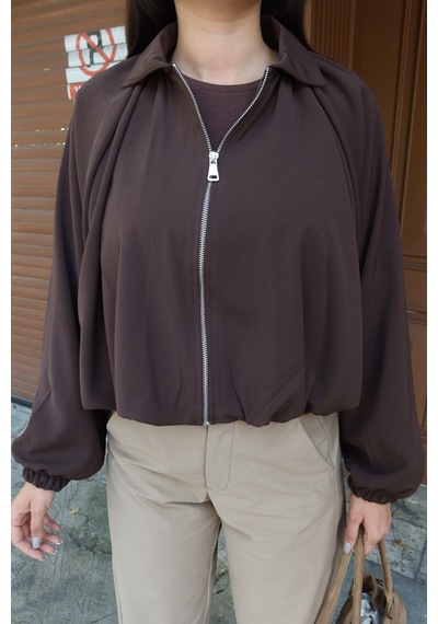 Kechi Woman Paraşüt Kumaş Fermuarlı Çıtçıtlı Ceket Kahverengi