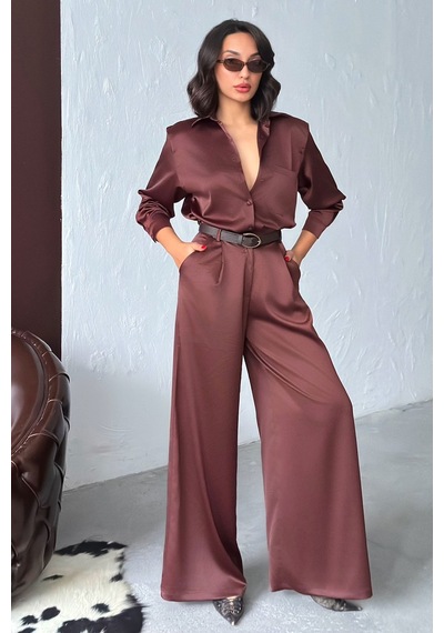 Verymoda Yüksek Bel Bol Paça Saten Pantolon Şık Ve Rahat Tasarım F2052 Kahve