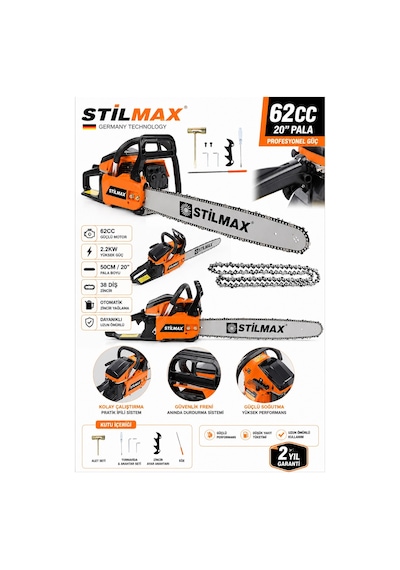 Stilmax STL5038D 63CC Benzinli Ağaç Kesme Motoru 50 CM Pala 38 Diş Zincirli Testere Seti + Balta