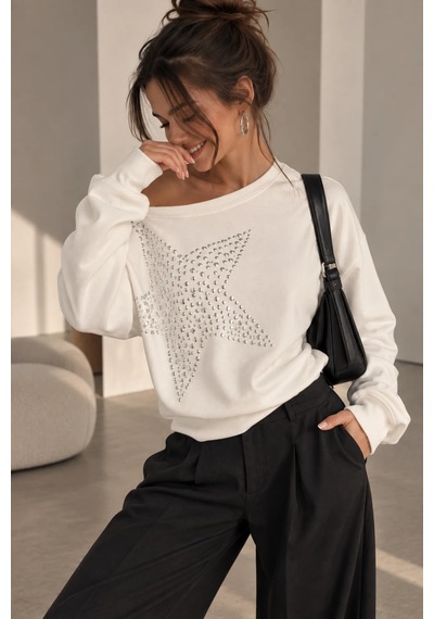 Bb Butik Basic Taşlı Yıldız Detaylı Kayık Yaka Salaş Kadın Bluz Frw34 Beyaz
