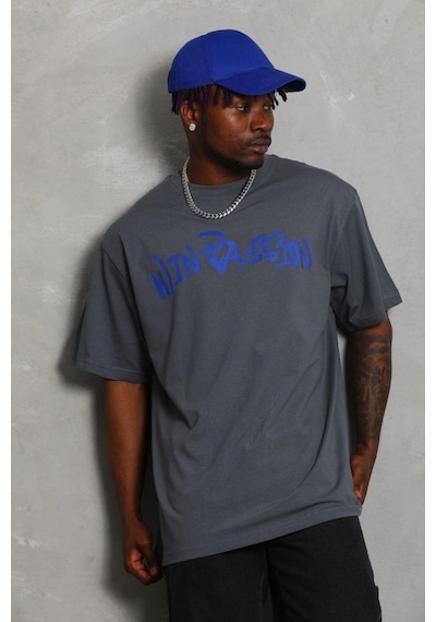 Erkek Baskılı Tişort Kısa Kol Bisiklet Yaka Oversize T-shirt - Füme