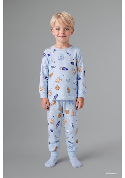 Defacto Baskılı Uzun Kollu Üst Elastik Bel Alt 2li Pijama Takımı Erkek Bebek H6540a526aube343 Mavi-be343