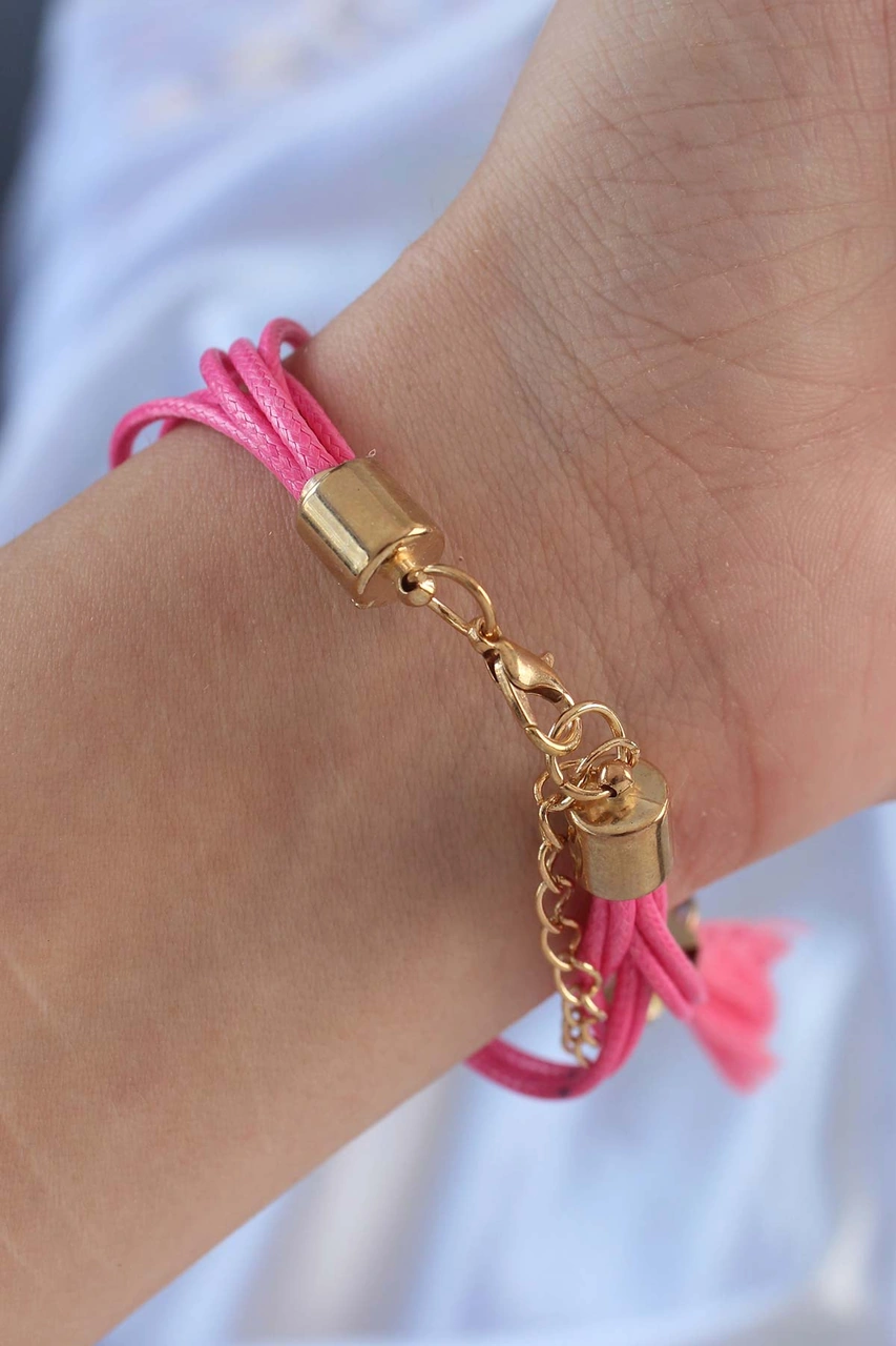Tua Moda Pembe Zirkon Taşlı İpli Püskül Detay Çoklu Bileklik Çok Renkli