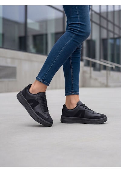 Kadın Sneaker Yüksek Taban Ortopedik Bağcıklı Spor Ayakkabı Retro Siyah 011