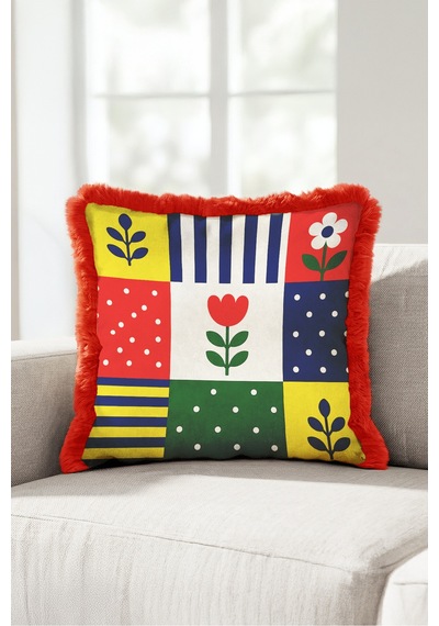 Modern Çiçekli Patchwork Renkli Saçaklı Yastık Kılıfı - Geometrik Mavi Bordo Püsküllü Kırlent Kılıfı Serin Esinti Nektar