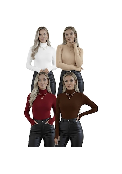 Hashtag Kadın Balıkçı Yaka Parmak Detaylı Body 4'lü Set Viskon Kumaş Bordo Siyah Bej Beyaz