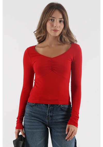 Seeh Kırmızı Önü Büzgülü Uzun Kollu Kadın Body Sh200