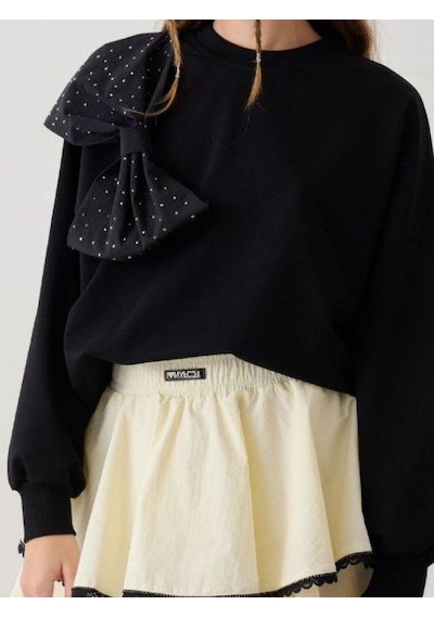 Kız Çocuk Taşlı Büyük Fiyonk Detaylı Sweatshirt-14782 Siyah