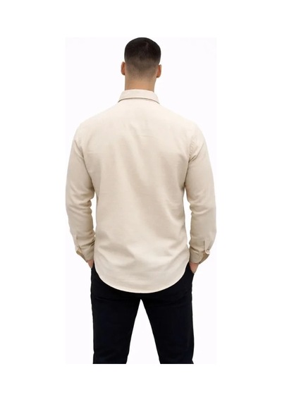 Defymoda Erkek Keten Kumaş Oversize Uzun Kollu Rahat Kalıp Gömlek - Bej