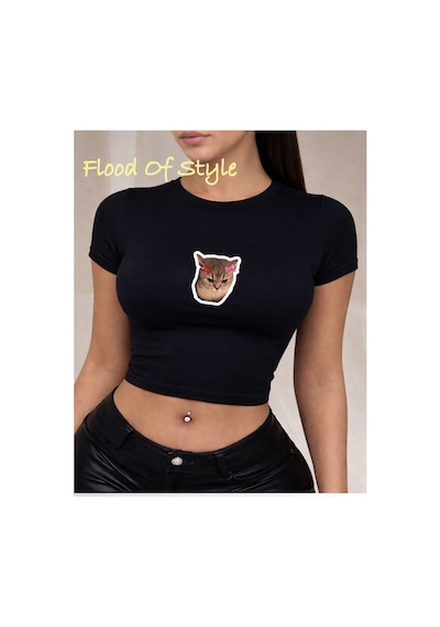 Flood Of Style Siyah Babby Tee Tatlı Kızgın Kedi Özel Tasarım