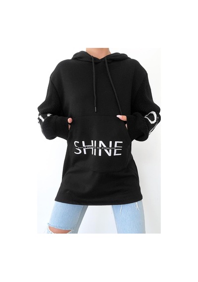 Femelle Siyah Beyaz Shine Yazılı Kollar Örme Triko Detaylı Kanguru Cepli Kapüşonlu Kadın Sweatshirt Hoodie Femelle Siyah Beyaz Shine Yazılı Kollar Örme Triko Detaylı Kanguru Cepli Kapüşonlu Kadın Sweatshirt Hoodie