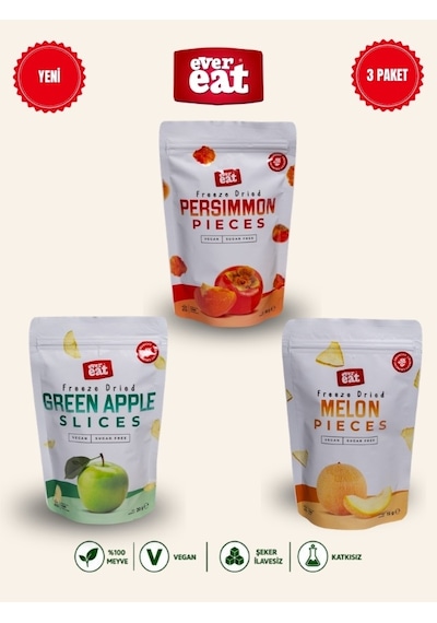 Evereat Cennet Hurması-elma-kavun Freeze Dry Meyve Cipsi 3'lü Paket Doğal Atıştırmalık 1 Adet