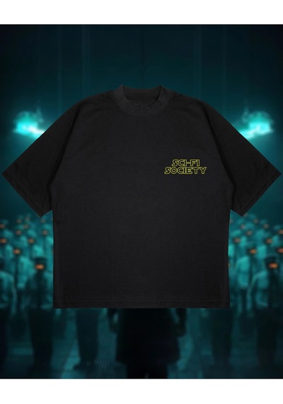 Tarzsokak Sci-fi Society Baskılı Oversize Unisex Pamuklu Nefes Alan Kalın Kumaşlı Siyah