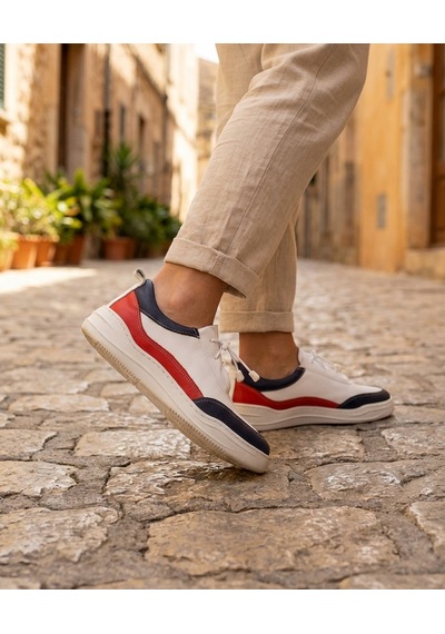 Twoegoist Kadın Hakiki Deri Spor Ayakkabı / Sneakers Beyaz - Lacivert - Kırmızı